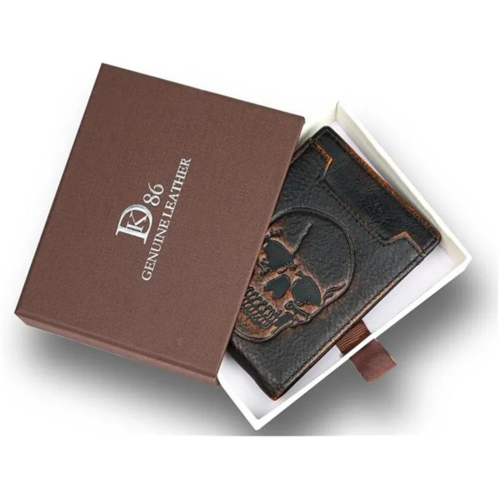 Skull Wallet for Men with Money Clip Genuine Leather Bifold RFID Blocking Mens